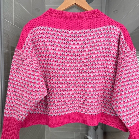Sweaters - Light Pink Crew Neck Sweater with Hot Pink Accents